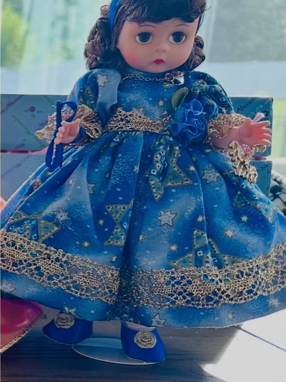 Madame Alexander Blue Star Gown Doll with Gold Lace Accents.Happy Chanukah Doll